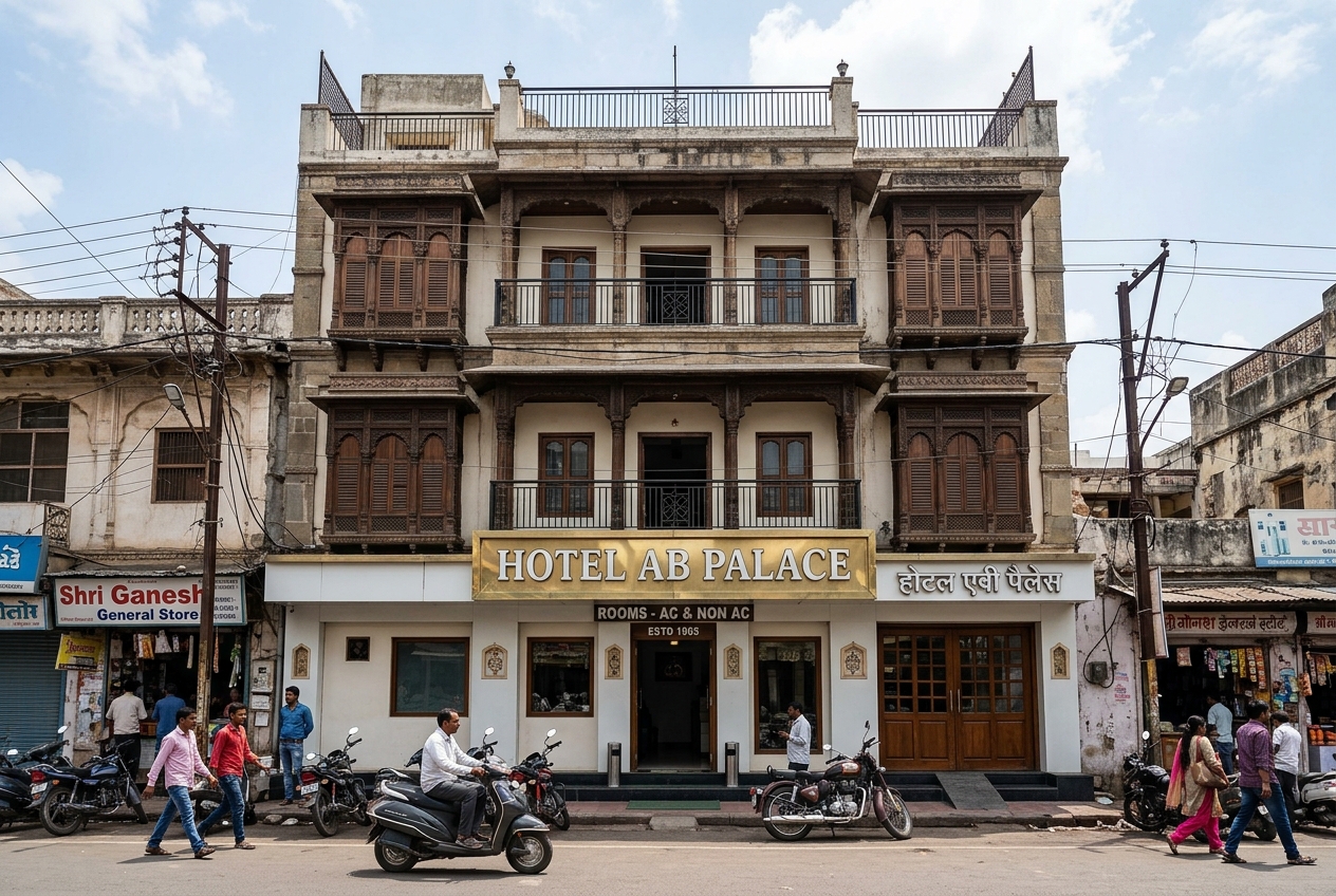 Hotel AB Palace Street Facade at Nandlalpura Square